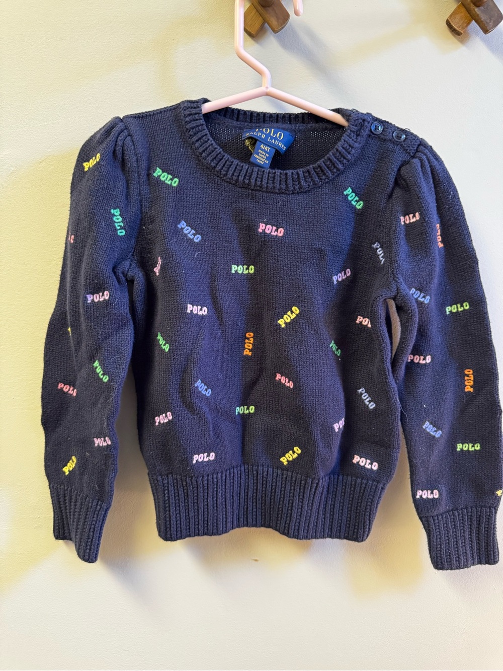 Polo by Ralph Lauren Navy Crewneck Sweater with Multicolor Logo Embroidery